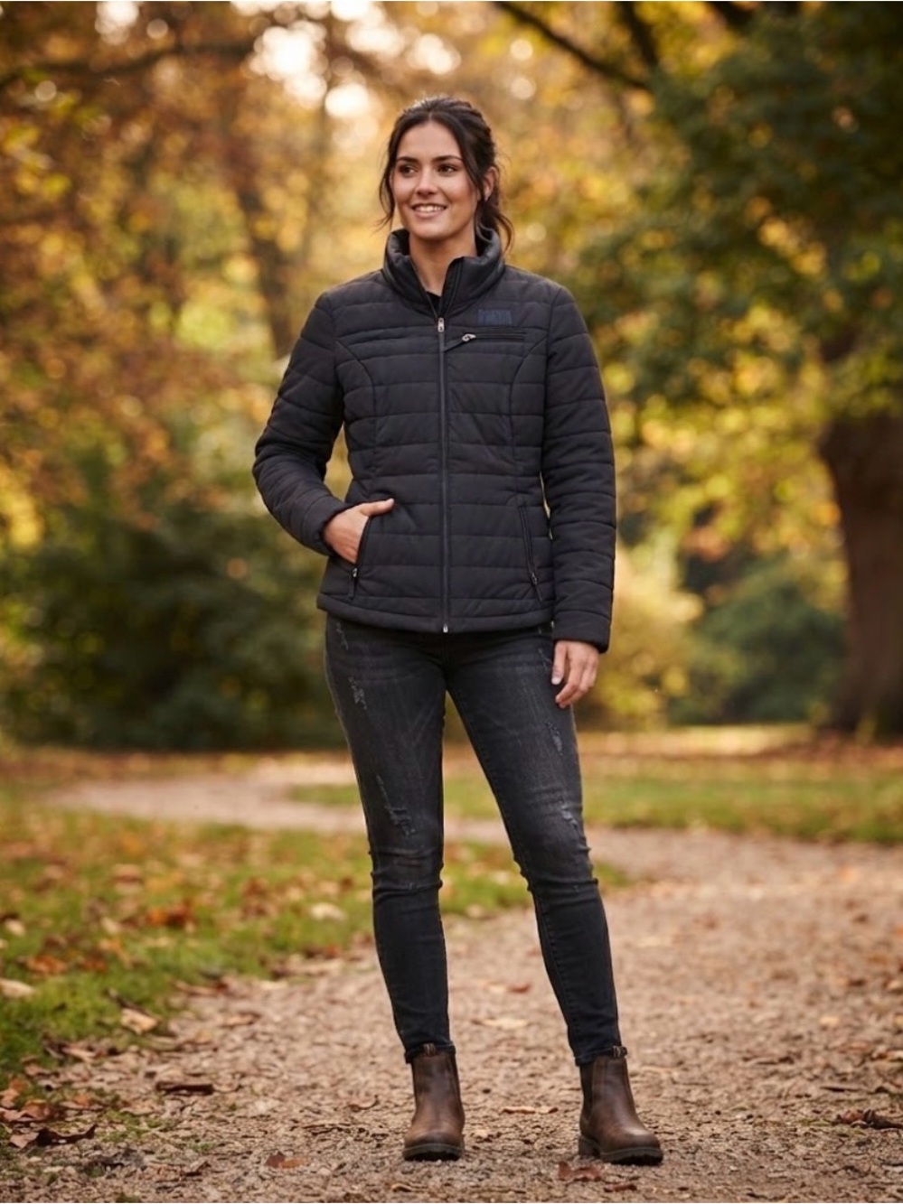 Black Puffer Jacket with Stand-Up Collar and Quilted Design